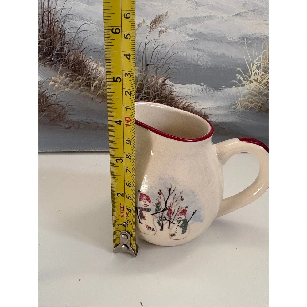 Royal Seasons Stoneware Snowman Creamer Pitcher Christmas Holiday Red Trim 4in